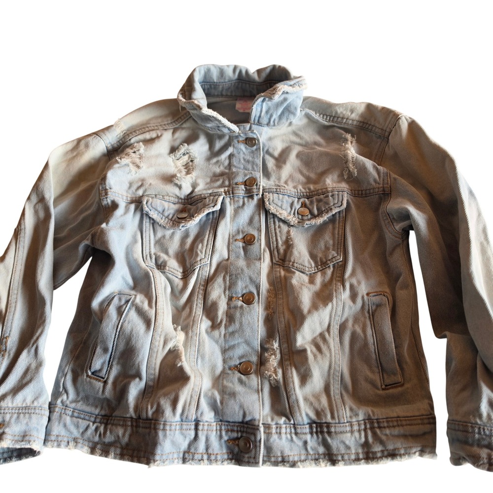 No Boundaries Distressed Light Wash Denim Trucker Jacket Womens Medium 7-9